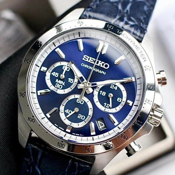 Seiko Spirit SBTR019 BRAND NEW Chronograph Blue Dial Leather Band Men's ...