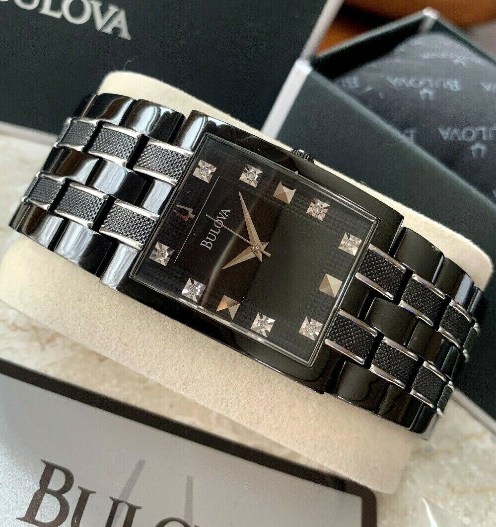 Bulova Men s Diamond Accent Watch 98D111 Black Silver Stainless Steel Rectangle WatchCharts Marketplace