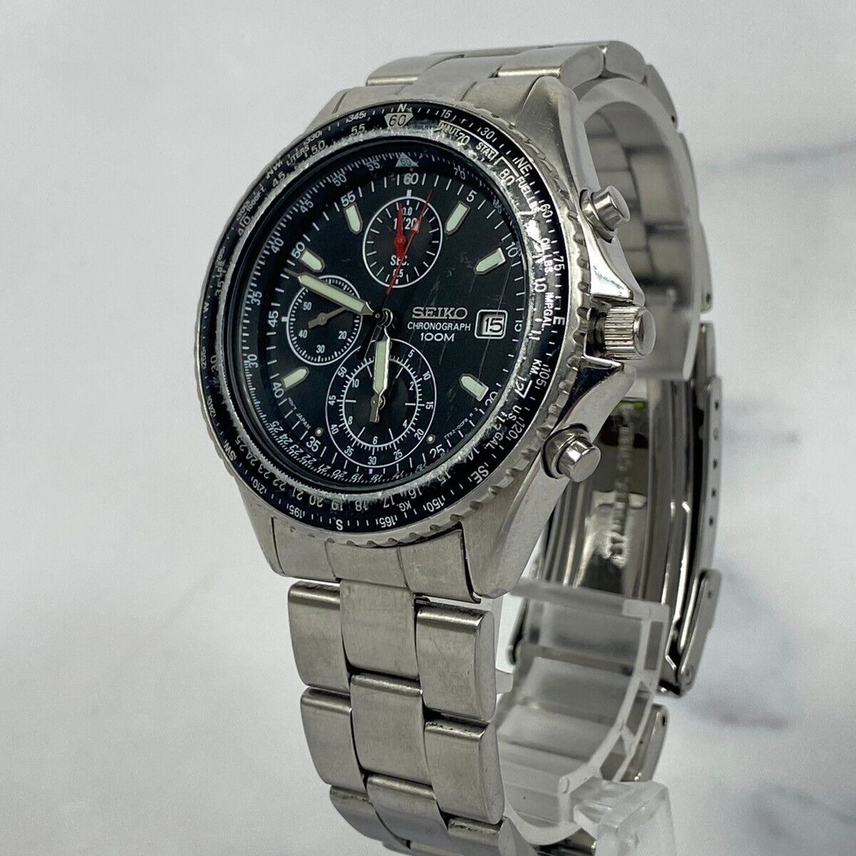 SEIKO Flightmaster Pilot 7T92-0CF0 Quartz Chronograph Black Dial Watch ...