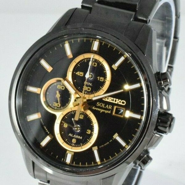 Black & Gold Seiko Stainless Steel Solar Chronograph Alarm Men's Watch V172-0AR0  | WatchCharts