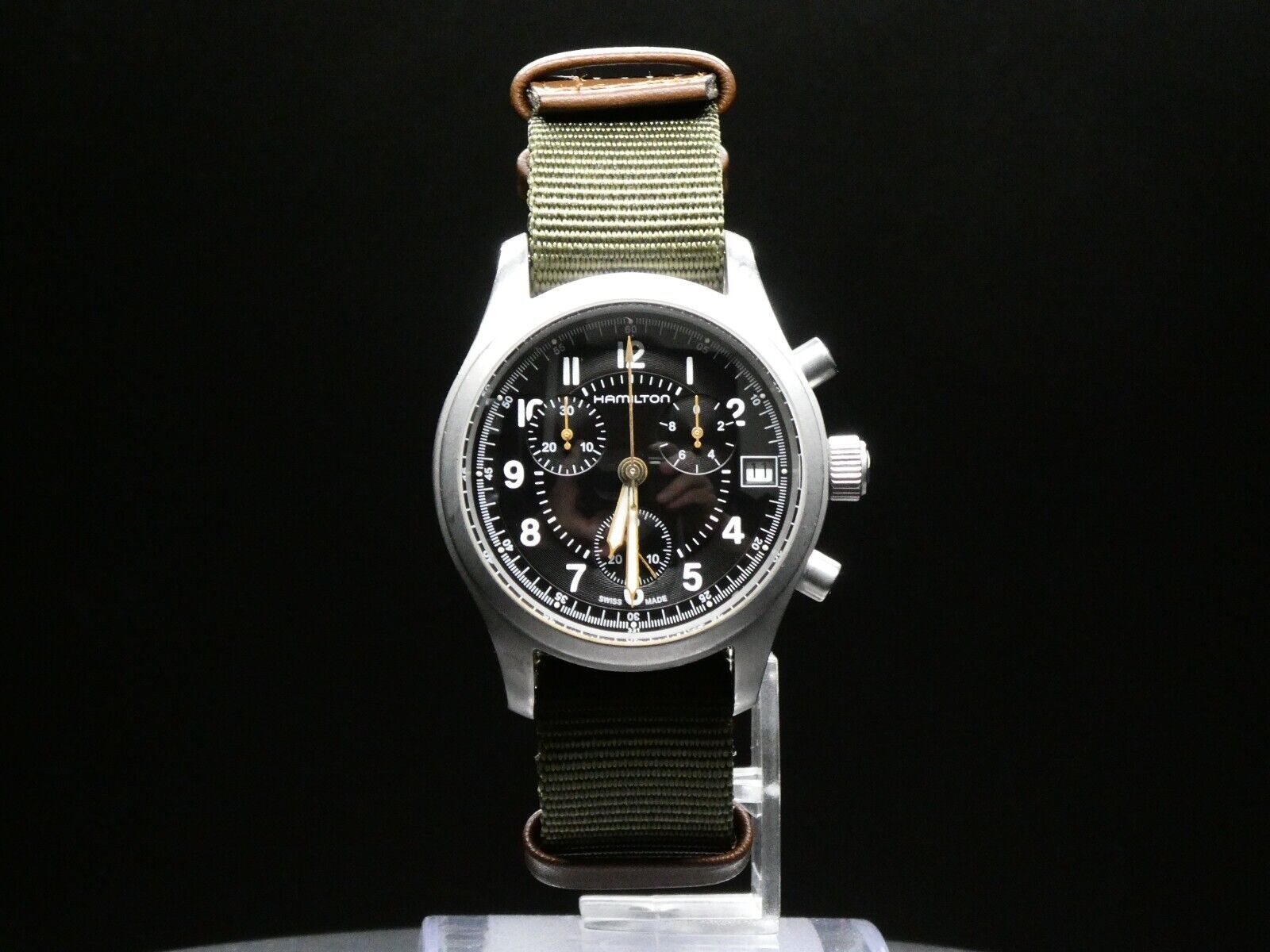 NEAR MINT* HAMILTON H685820 Khaki Officer Chronograph 50M Silver 