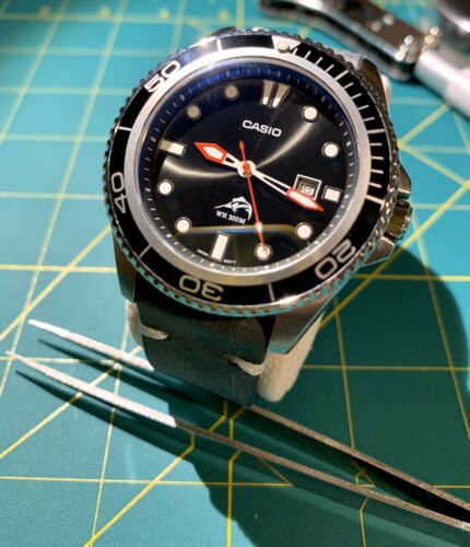 Casio Duro Watch Mod, MDV-106 Diver. Double Dome Blue AR, Grey Leather ...