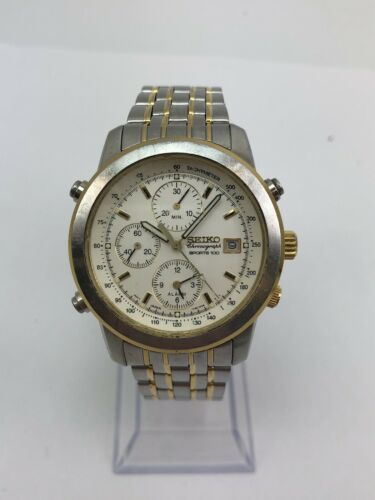 Seiko 7T32 7D89 Sports 100 Two Tone Alarm Chronograph Watch