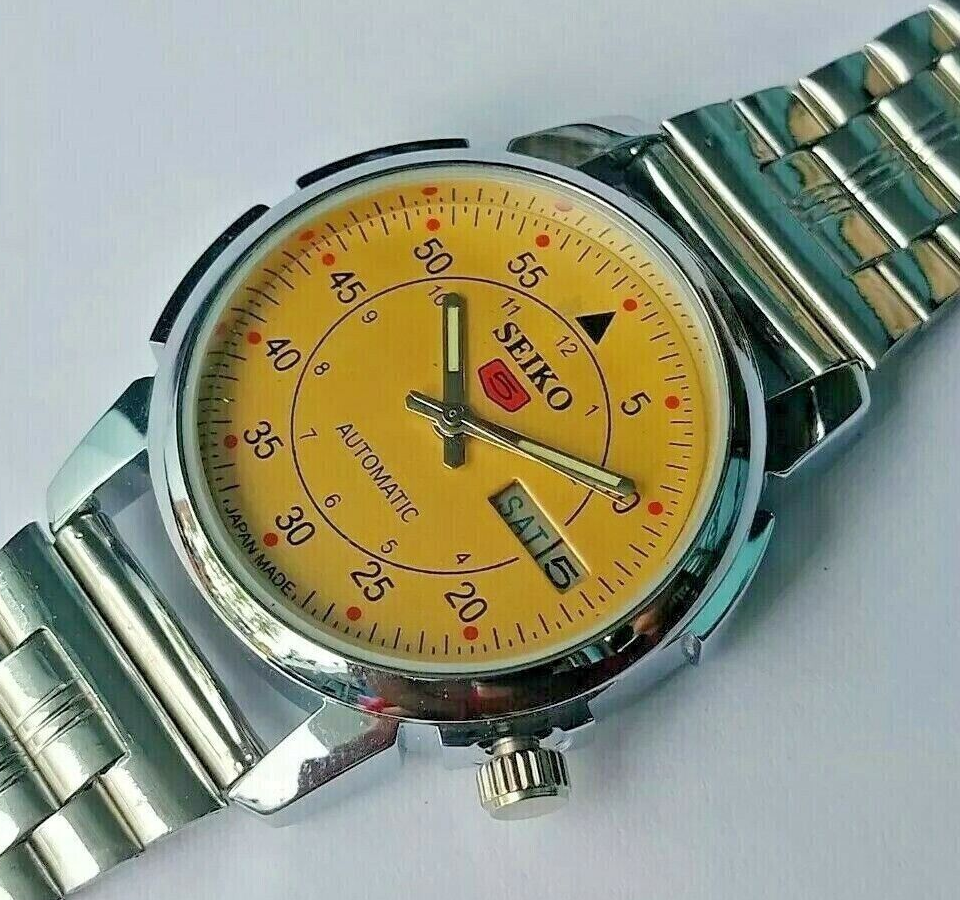 japan SEIKO 5 Automatic Yellow Dial Day Date stainless steel Men's