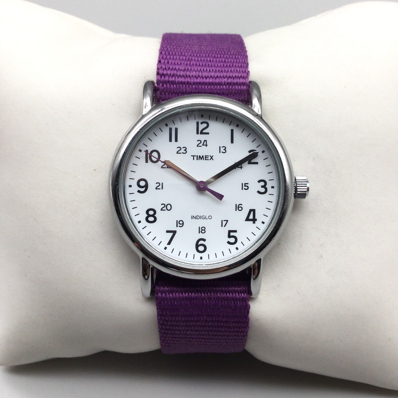 Timex Weekender Watch Women Silver Tone Indiglo Purple Nylon 