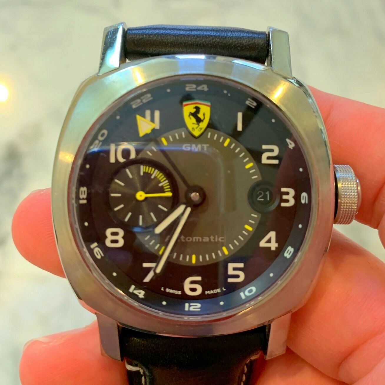 PANERAI FER 009 Ferrari GMT in Steel on Black Calfskin Leather