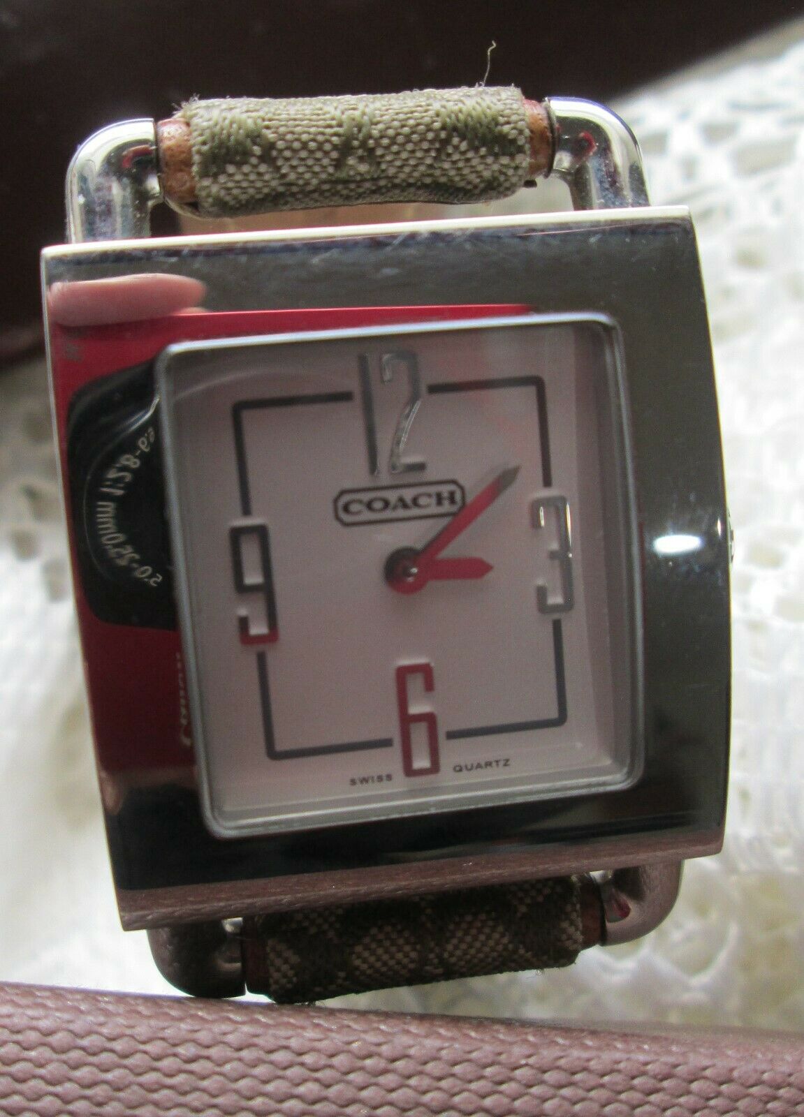 Coach Watch 0221 Water Resistant Square Logo Leather Cloth Band Brown Silver Coach Watch 0221 Water Resistant Square with Coach Logo  main image 4