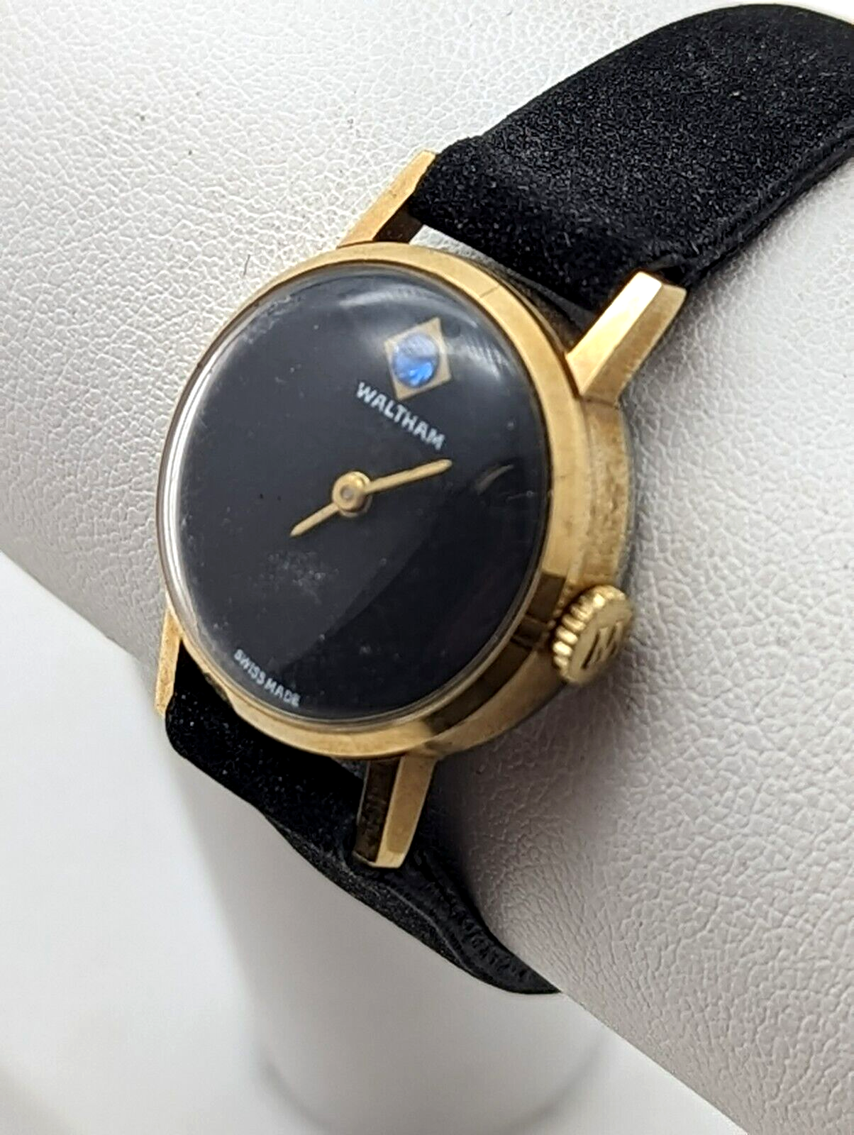 VTG Waltham Lady Black‎ Bold Syle Diamond Dial Bengal Watch Art Deco 1920 Ladies Platinum Diamond Waltham Strap Watch  main image 3