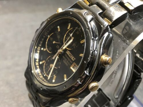 SEIKO Two Tone Black Gold 100M Quartz Chronograph Watch 7T32