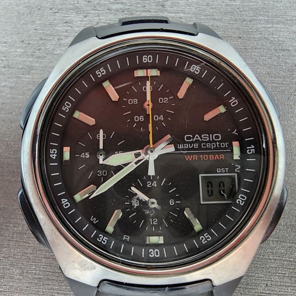 Casio Wave Ceptor Watch Men 43mm Black Dial Black Tone Analog Digital ...