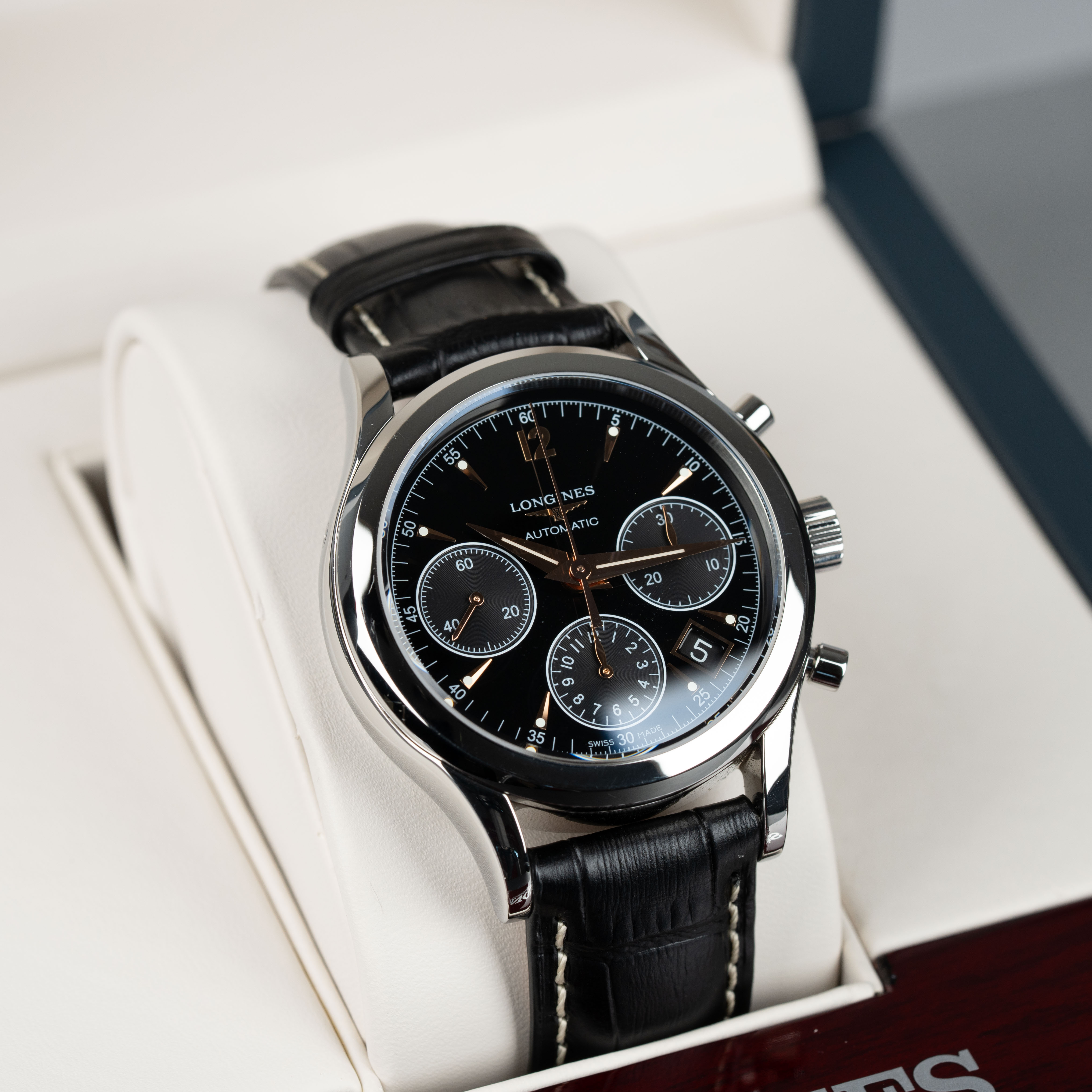 WTS WTT Longines Heritage Chronograph 39mm Black Dial Black Brown