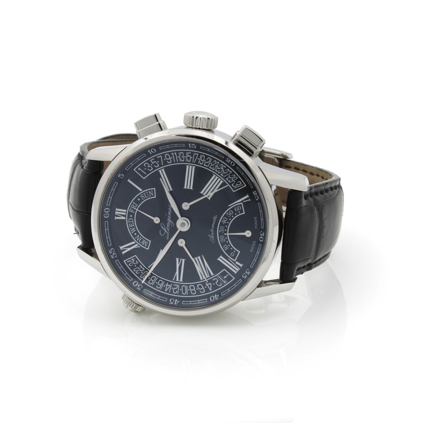 LONGINES HERITAGE RETROGRADE AUTOMATIC DAY DATE GMT BLACK 41MM