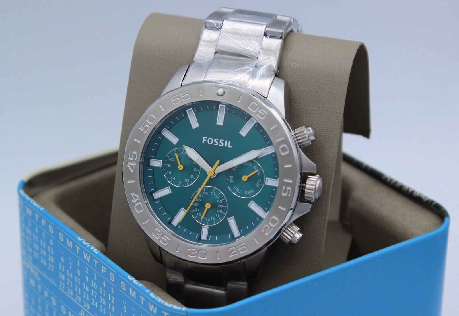 NEW AUTHENTIC FOSSIL BANNON CHRONOGRAPH SILVER GREEN TURQUOISE