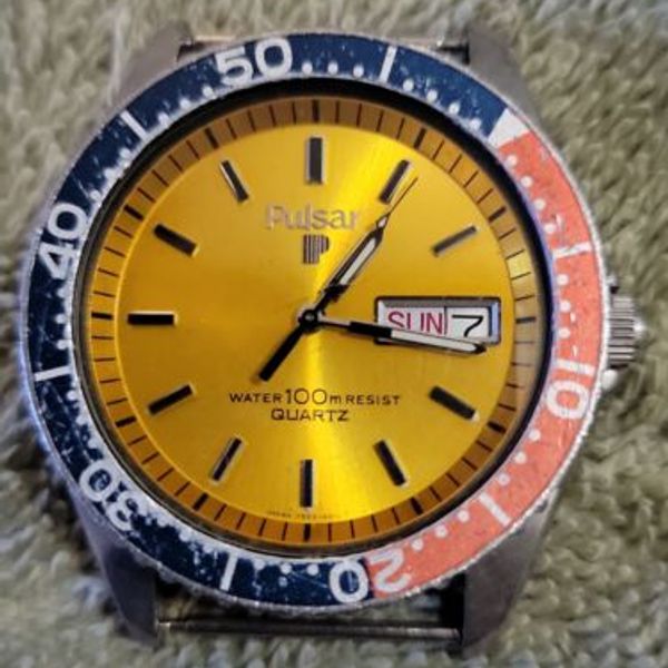 Vintage Pulsar Men s Diver Watch Pepsi Bezel Gold Dial. Day Date WR 100m. RARE WatchCharts Marketplace