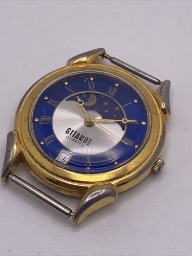 Vintage Gitano Mens Gold tone Quartz Watch w Moon Phase Date NEW