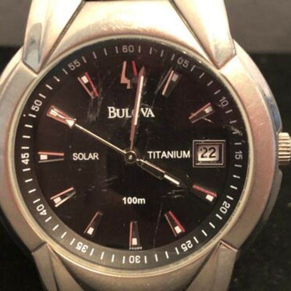 Men's BULOVA C899229 Solar Titanium Watch With Black Face +