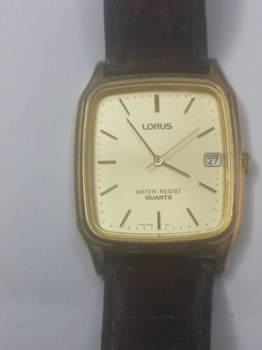 lorus mens watch V732-5A50 leather strap gold face water resist