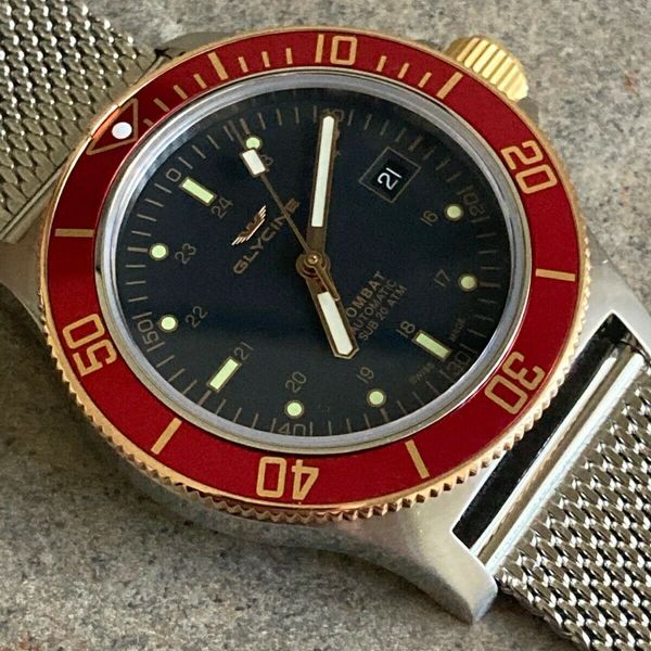 Glycine Combat Sub Gl0092 Red Bezel Gilded Swiss Made Mens Wrist Watch