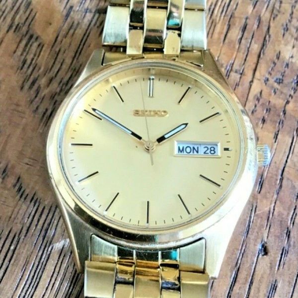 Vintage Seiko 7n43 9048 Mens Gold Tone Quartz Daydate New Battery Clean Watchcharts 9531