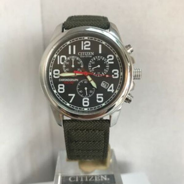 Citizen Men's Military Style EcoDrive Chronograph Green Strap Watch AT020005E WatchCharts