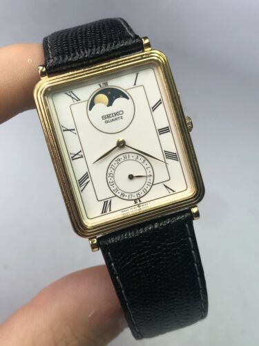 Rare Vintage Seiko Men's Rectangular Moon Phase Quartz Watch