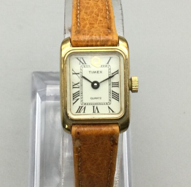 Vintage Timex Q Watch Women Gold Tone Tank Leather Band 15mm 