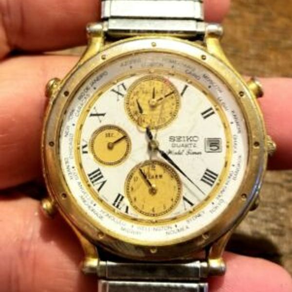 Vtg SEIKO 5T52 7A20 World Timer Date WATCHGOLD TONE DIAL w Speidel