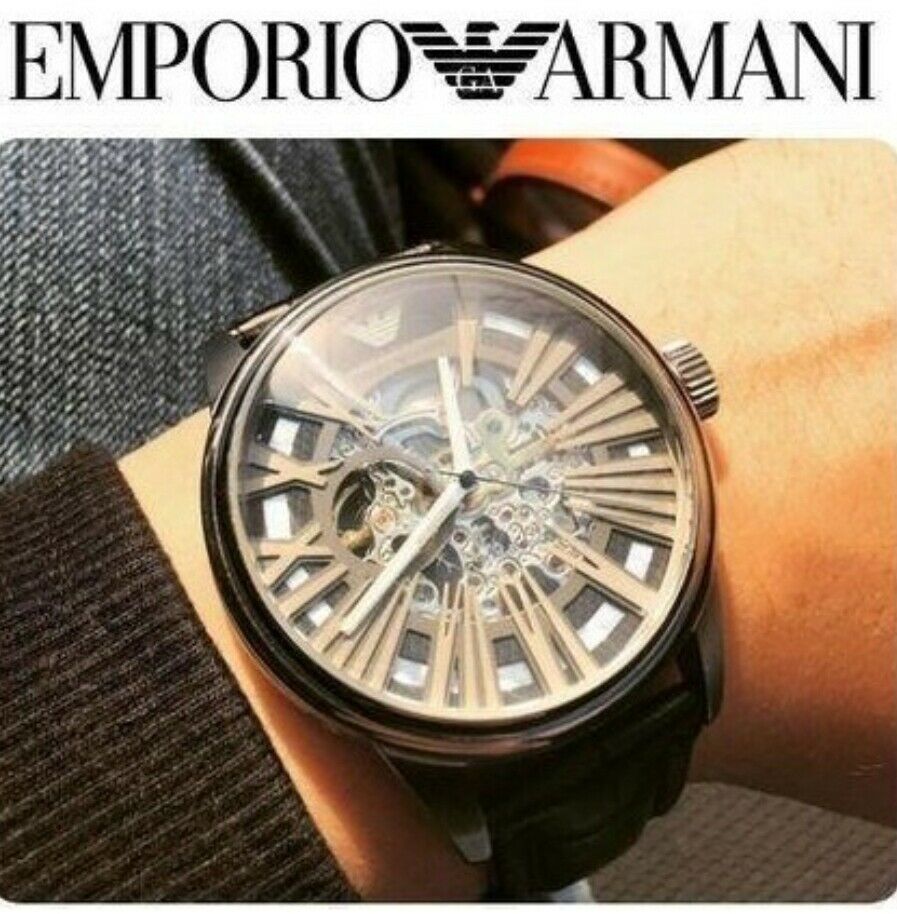 Emporio Armani AR4629 Mens Meccanico Skeleton Black Leather Strap Watch RRP  £399 | WatchCharts