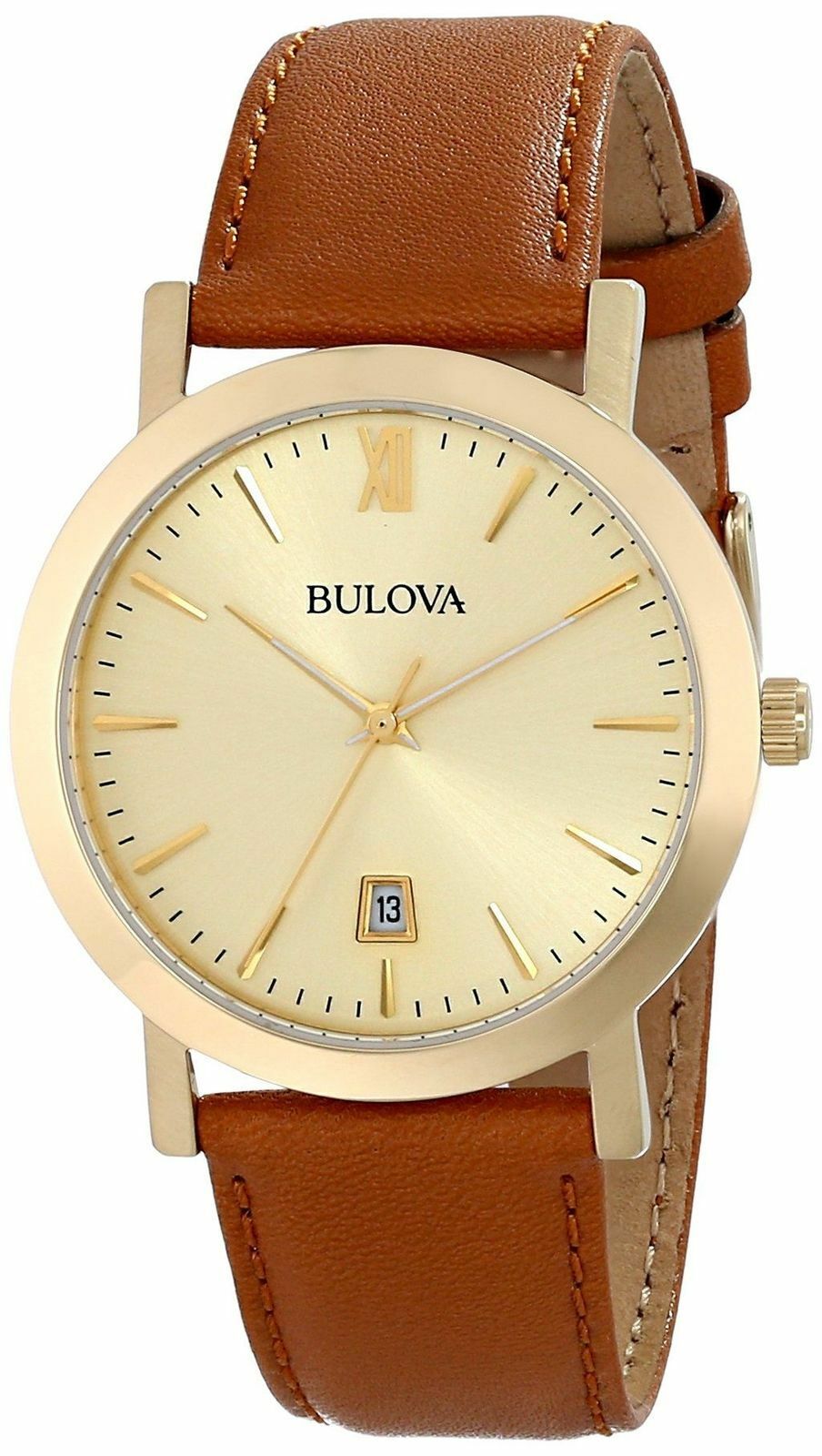 Bulova 97B135 Men s Gold Tone Champagne Dial Stainless Steel Brown Leather Watch WatchCharts Marketplace