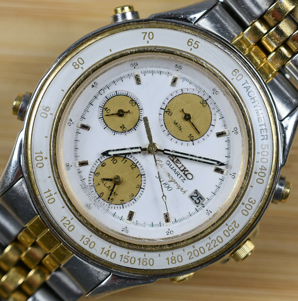 RARE Vintage SEIKO Chronograph SQ100 Two Tone Quartz Watch 7T32 