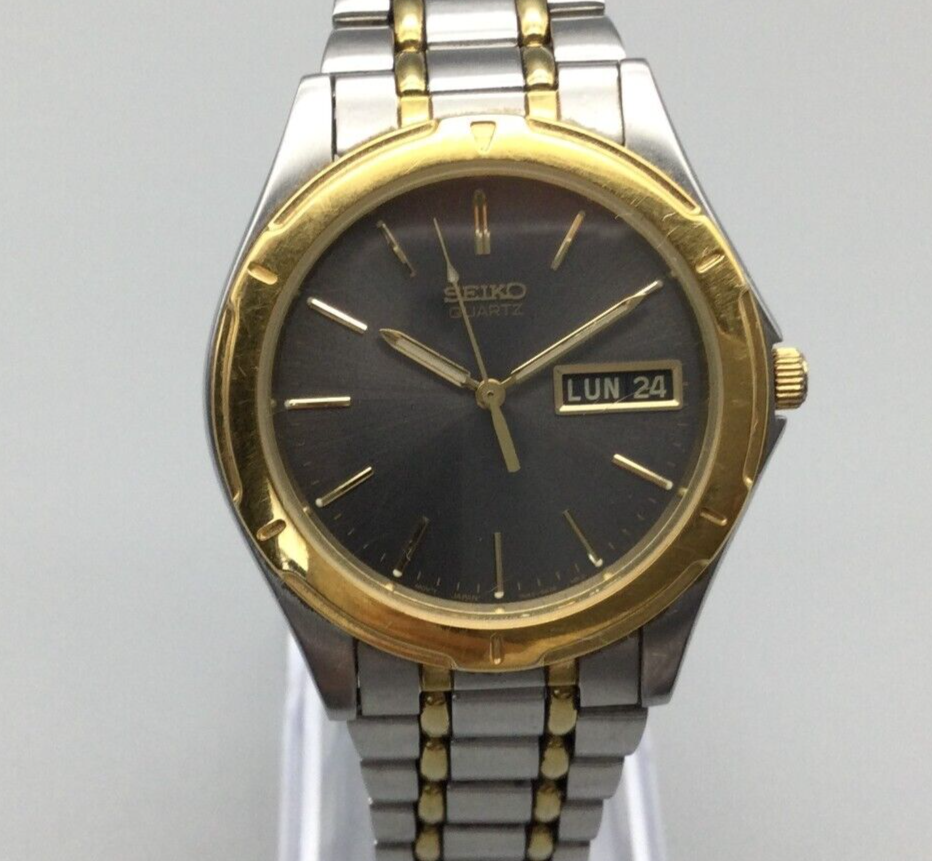 Vintage Seiko Watch Men Silver Gold Two Tone Date 7N43 6A09 New