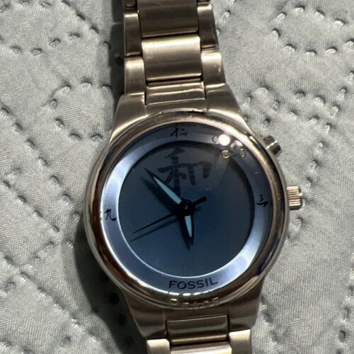 Fossil Big Tic Watch Men Kanji Chinese Animation Silver Tone Blue 