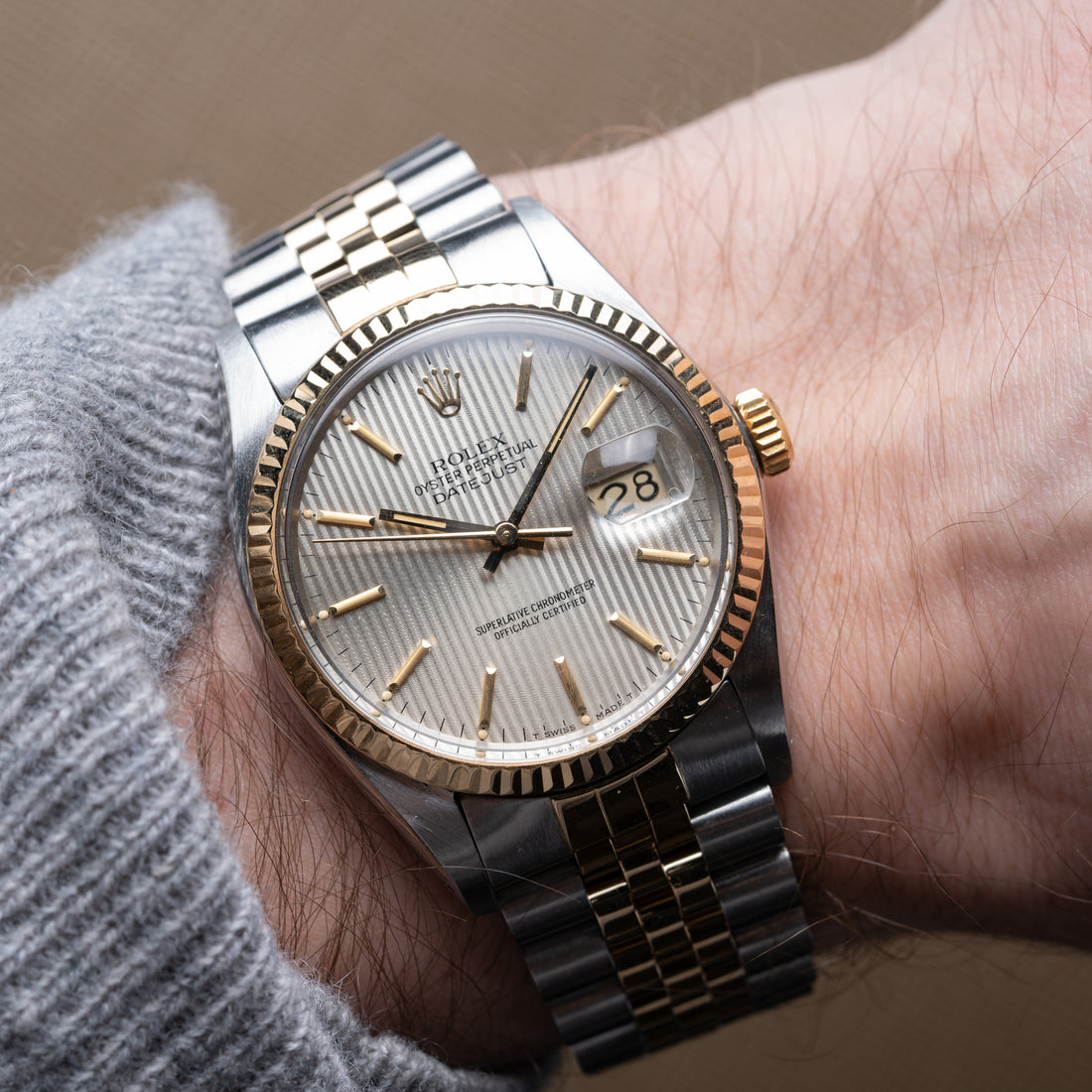 FS 1984 Rolex Datejust Ref. 16013 with Rare Silver Tapestry Dial