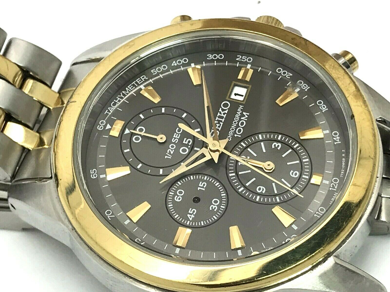 Seiko 7T92 0PP0 Chronograph Two Tone Stainless Gray Dial Men s