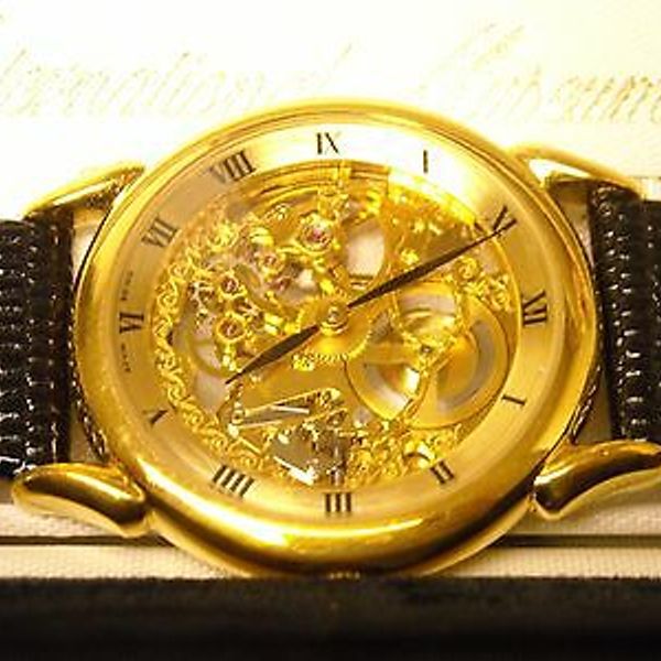 1989 Franklin Mint Swiss Made SKELETON 24 GOLD Plated Watch