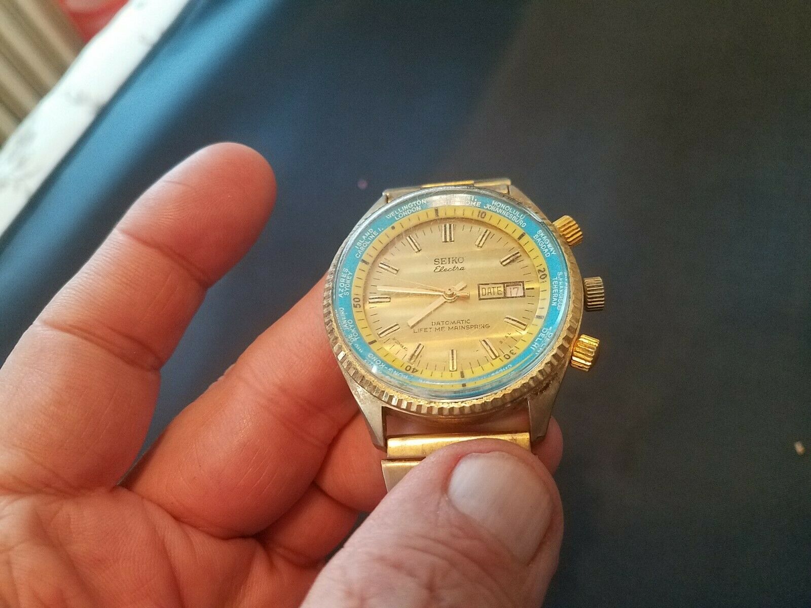 Men s Seiko Electra Datomatic Lifetime Mainspring World Time Gold