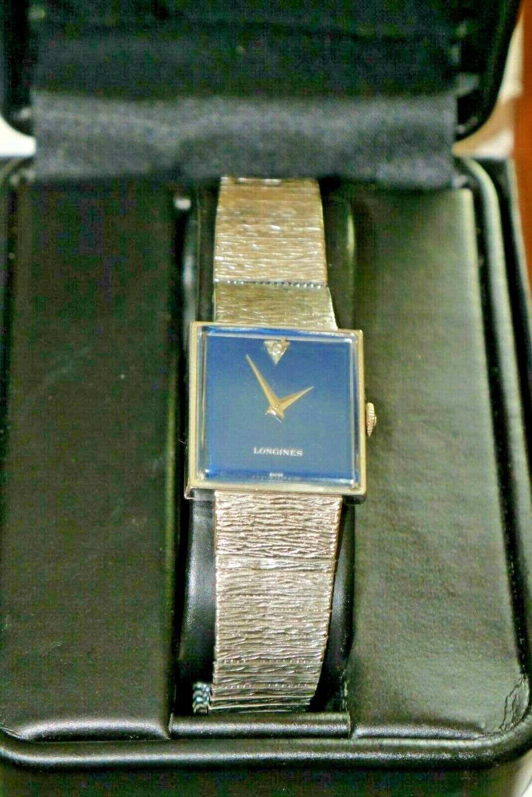 Vintage Longines White Gold Mens Wristwatch Diamond Dial Square