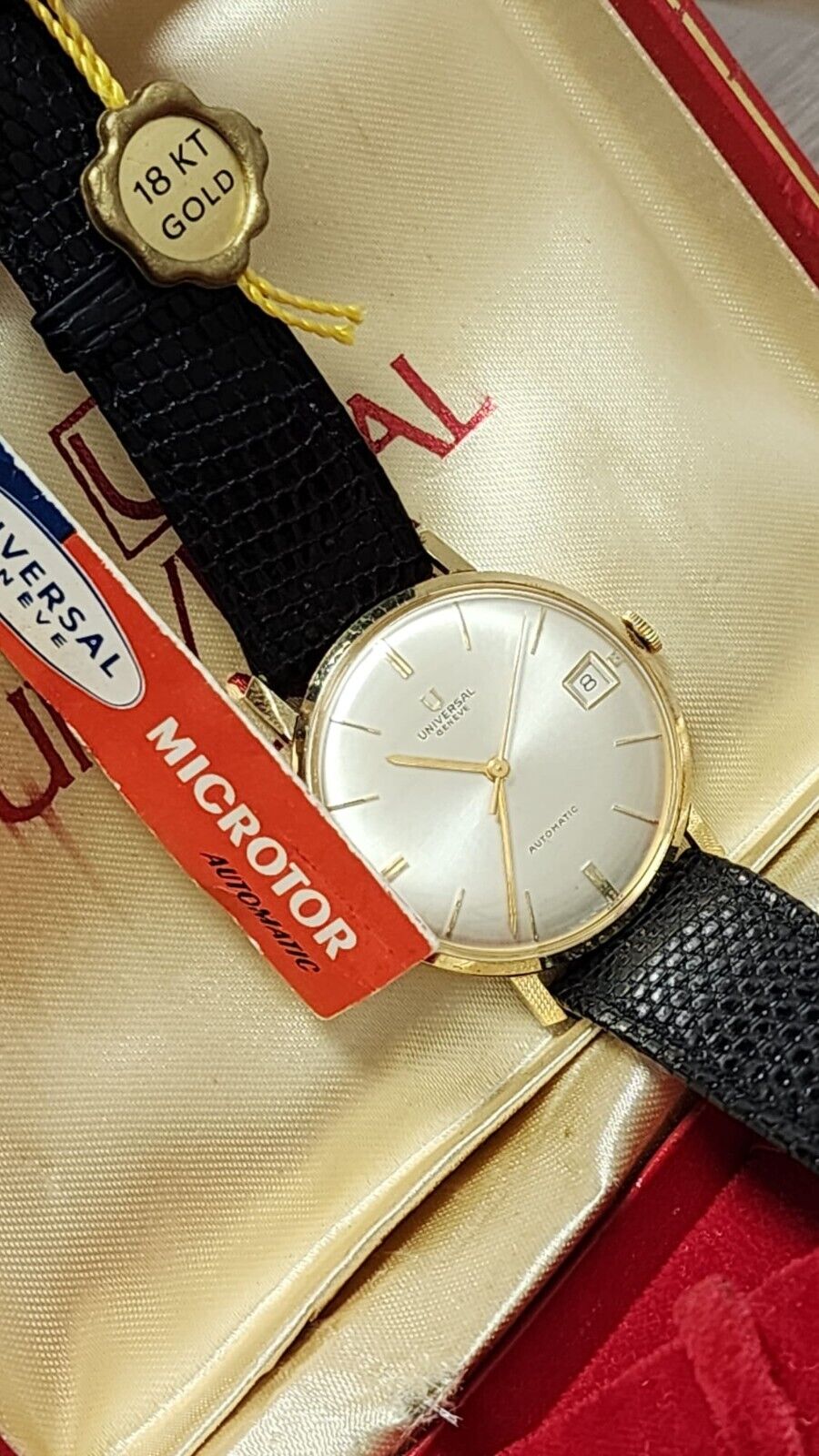 ヴィンテージ GENEVE 18K 750 GENEVE 21 JEWELS 18K 750 GOLD STAMPED LEATHER STRAP WATCH