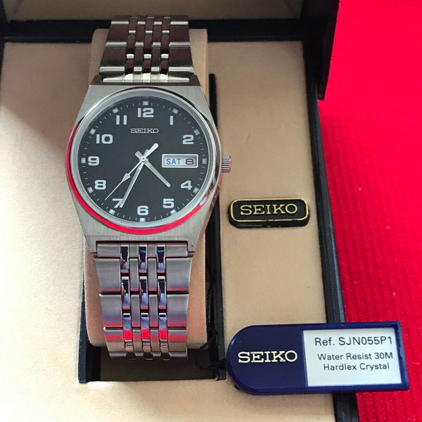 New Men's Seiko Quartz Day/Date Black Dial Stainless Steel Watch V743