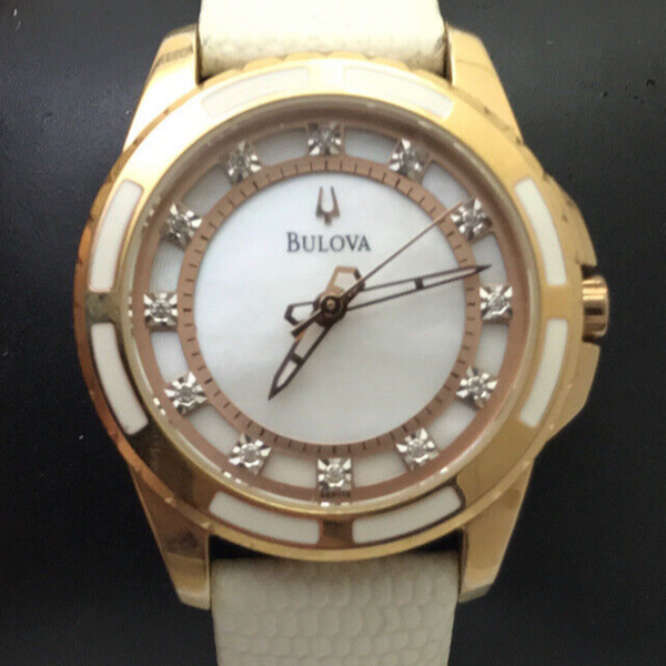 Bulova 98P119 Diamond Mother of Pearl White Leather Rose Gold Tone ...