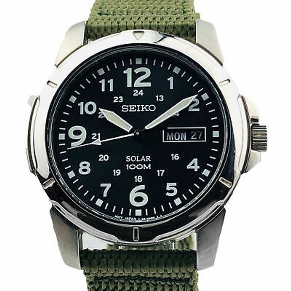 Seiko SNE095P2 Solar Black Dial Green Canvas Strap Men's Watch RRP £159 ...