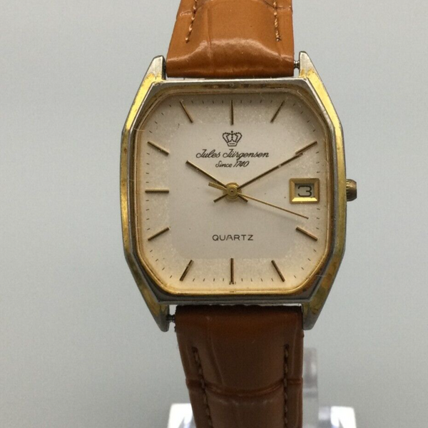Vintage Jules Jurgensen Watch Men Gold Tone Rectangle 28mm Leather New