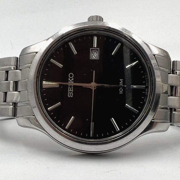 Seiko Quartz 100m Men s Stainless Steel Dress Watch Black Dial