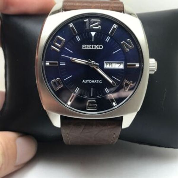 Seiko Men's SNKN37 Recraft Blue Dial Brown Calfskin Strap Automatic