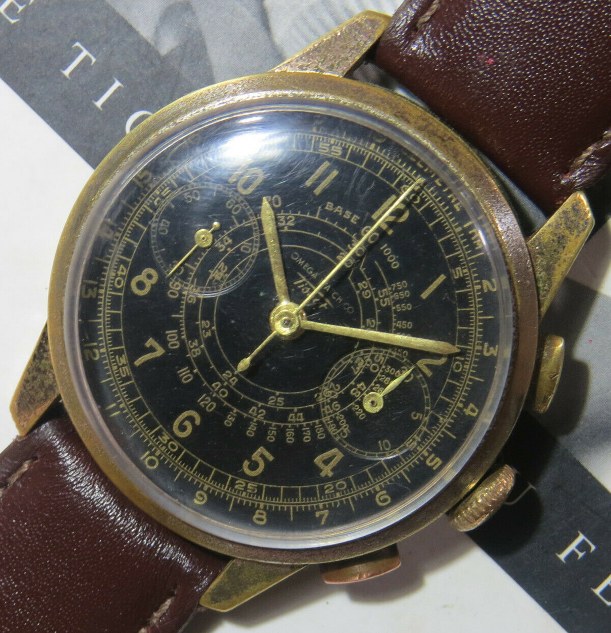 Omega Tissot 33.3 chronograph black and gilt military dial