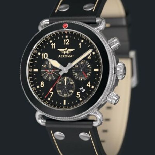 Aeromat Vol De Nuit Pilot Watch Black Leather 45mm Seiko VK63 Movement