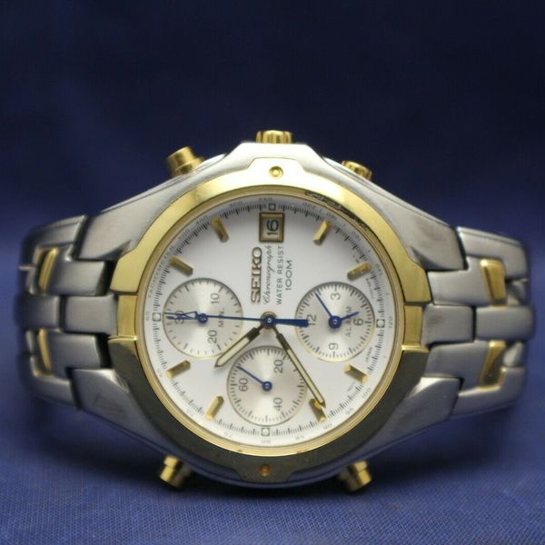 Seiko Alarm 7T326M90 Chronograph Men's Wristwatch Water Res. 100M Two Tone WatchCharts