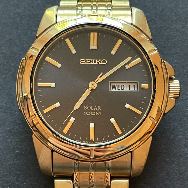 Seiko V158-0AD0 Solar Men's Watch Parts/Repair Ticks 35C4 Gold Bracelet ...