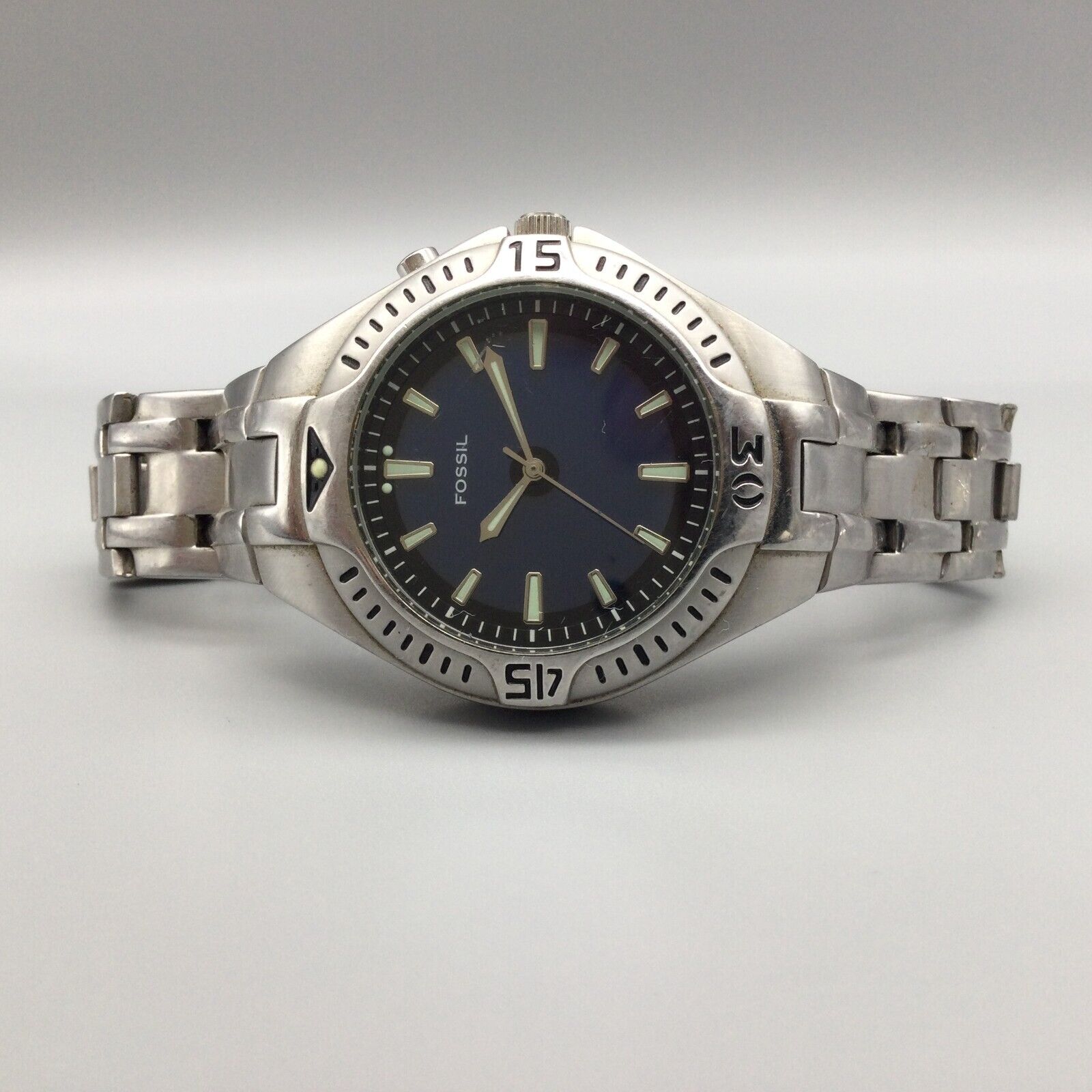 Fossil Big Tic Watch Men Silver Tone AM-3538 Blue Green Dial 