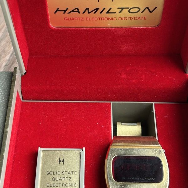 Hamilton Red Led Watch Vintage Hamilton QED Red LED Gold Original Bracelet Day Date Box Not ...